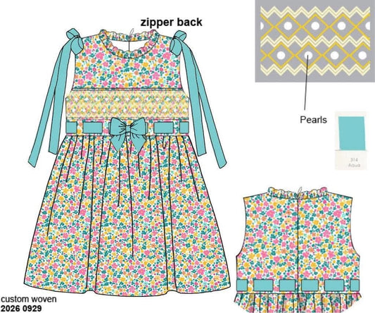 Pre Order 151: Tipton Teal- Girls Smocked Woven Dress
