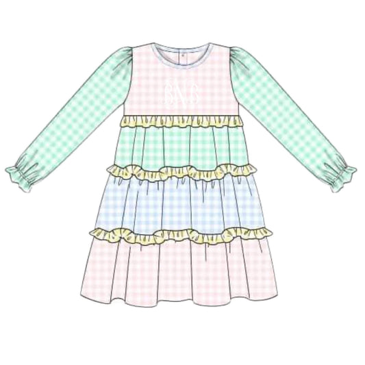 Pre Order 147: Gingham Colorblock- Girls Knit Dress