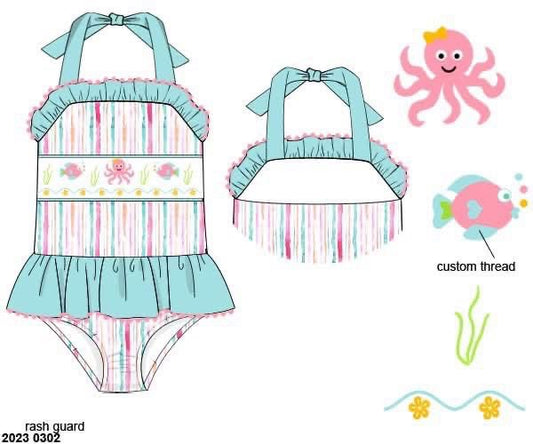 RTS: Summer Octopus- Girls 1pc Rash Guard Swim