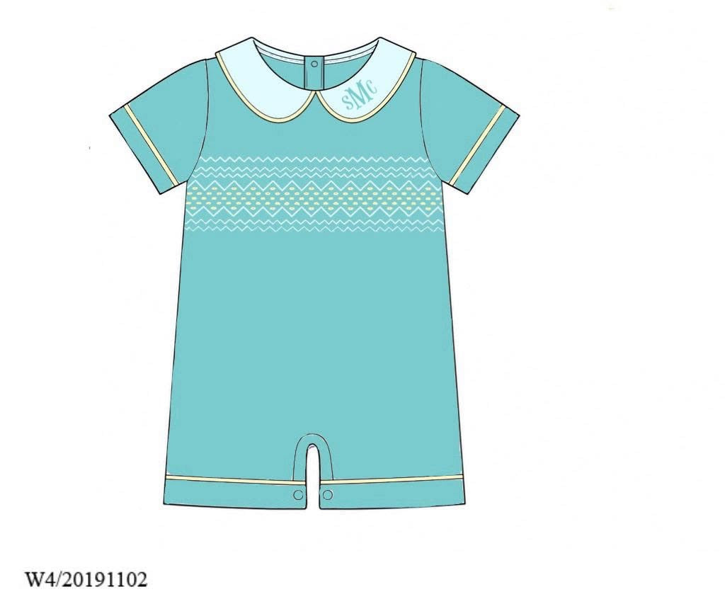 Pre Order 151: Tipton Teal- Boys Smocked Knit Romper
