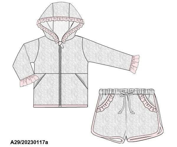 RTS: Terry Cloth Collection- Girls White & Light Pink Hoodie Shortie Set