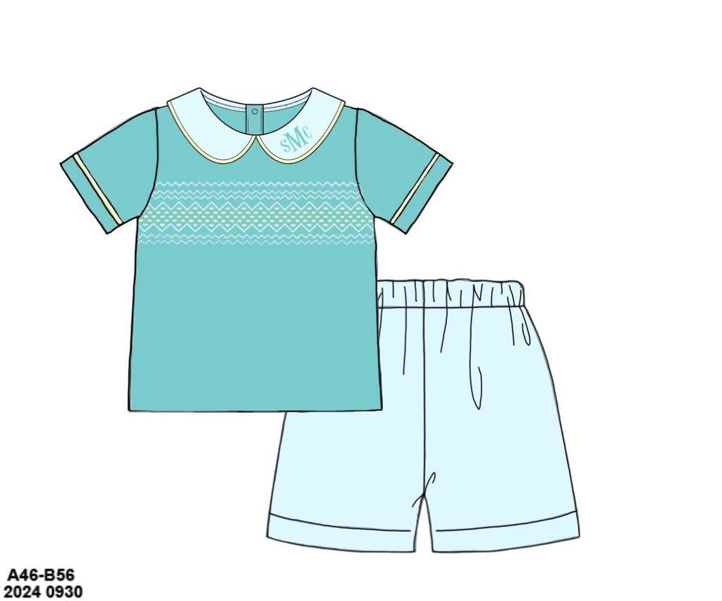 Pre Order 151: Tipton Teal- Boys Geometric Smock Short Set