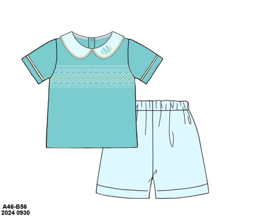 Pre Order 151: Tipton Teal- Boys Geometric Smock Short Set