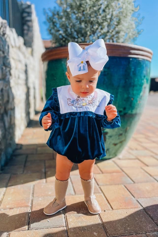 RTS: Blue Velvet Nativity- Girls Embroidered Bubble