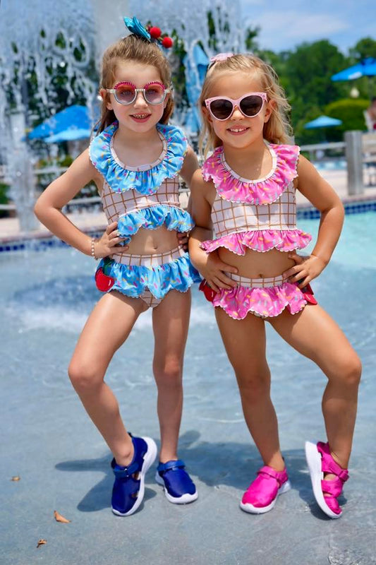 RTS: Sprinkle Swim- Girls Blue 2pc Ruffle Rash Guard Swim