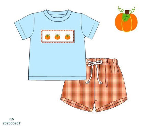 RTS: Simple Pumpkins- Boys Smocked Woven Shortie Set