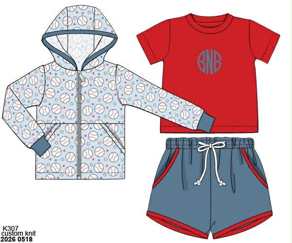 Pre Order 145: Baseball Babes- Boys 3pc Knit Shortie Set