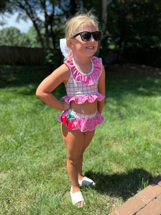 RTS: Sprinkle Swim- Girls Pink 2pc Ruffle Rash Guard Swim