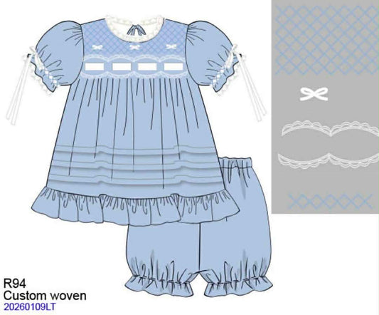 RTS: Girls Only- Bella Blue Woven Heirloom Bubble Short Set