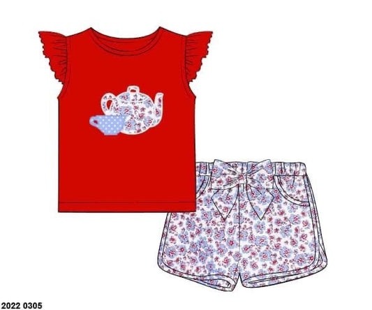 RTS: Trains & Tea Cups- Girls Woven Shortie Set