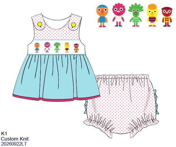 Pre Order 151: Sing-along Friends- Girls Smocked Knit Bloomer Set