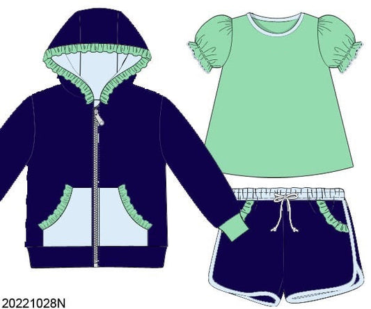 RTS: 3pc Knit Jacket Set- Girls Navy, Light Green & Asher Blue