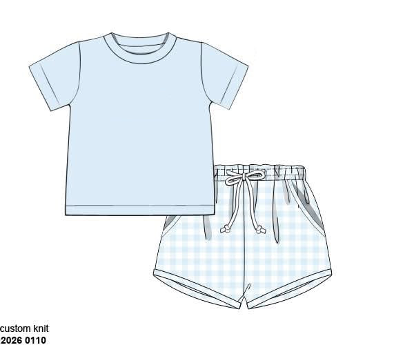 RTS: Baby Blue Gingham- Boys French Knot Knit Shortie Set