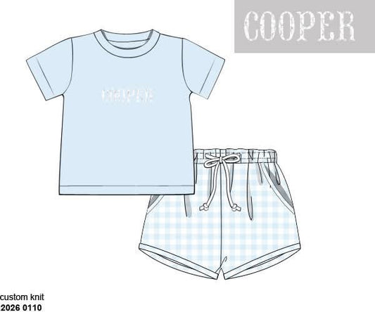 Pre Order 139: Baby Blue Gingham- Boys French Knot Knit Shortie Set