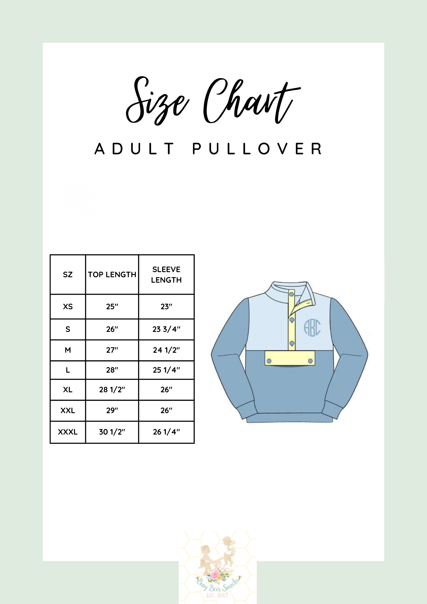Adult Pullover Size Chart