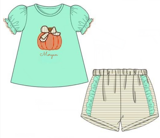 RTS: Mint Applique Pumpkins- Girls Knit Shortie Set "Morgan"