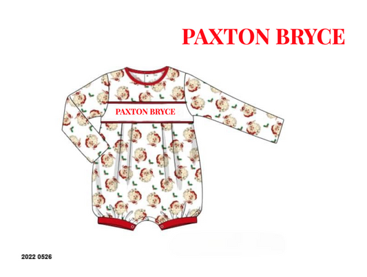 RTS: Christmas Name Smocks- Boys Vintage Santa Bubble Romper "PAXTON BRYCE"