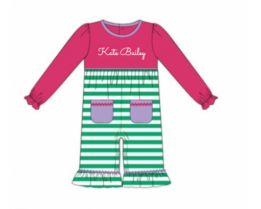 RTS: Girls Only- Pink & Green Stripe Knit Romper "Kate Bailey"