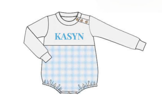 RTS: Blue & Pink Check- Boys French Knot Sweater Bubble- "Kasyn"