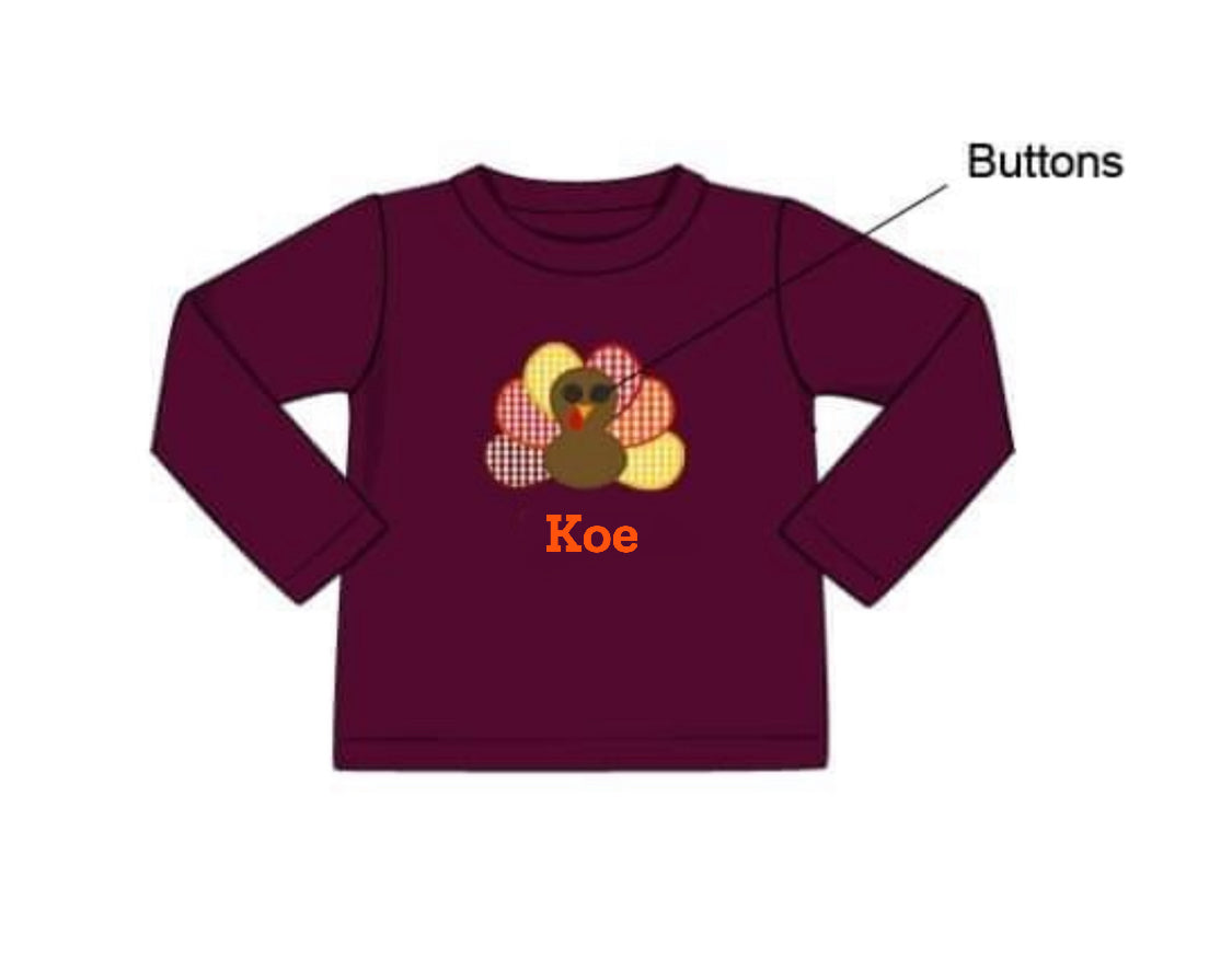 RTS: Turkey Shirt Only- Boys Plum Button Turkey "Koe"