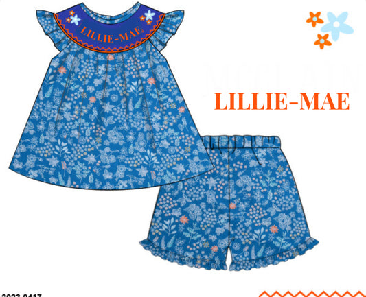 RTS: Fall Name Smocks-Blue Floral- Girls Woven Short Set "Lillie-Mae"