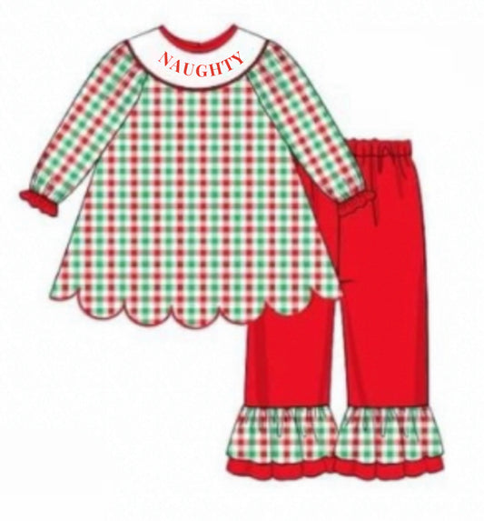 RTS: Christmas Name Smocks- Girls Festive Gingham Knit Pant Set "NAUGHTY"