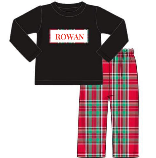 RTS: Christmas Name Smocks- Boys Christmas Plaid Woven Pant Set "ROWAN"