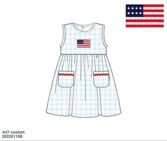 RTS: Light blue Gingham Flags & Bows- Girls Dress