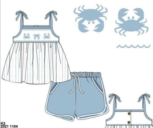 RTS: Blue Crabs & Fish- Girls Smocked Knit Shortie Set