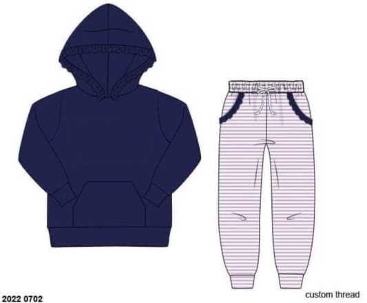 RTS: Knit Jogger Sets-Girls Navy & Lavender Stripe