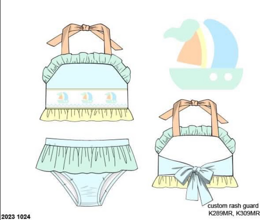 RTS: Sellers Sailboats- Girls 2pc Smocked Tie Rash Guard Swim