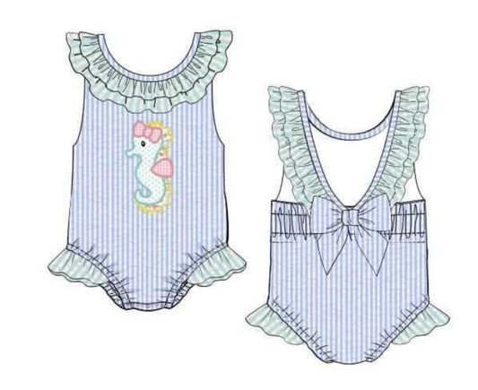 RTS: DEFECT- OG Seahorses- Girls Seersucker 1pc Swim