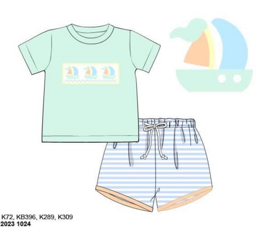 RTS: DEFECT- Sellers Sailboats- Boys Smocked Knit Shortie Set