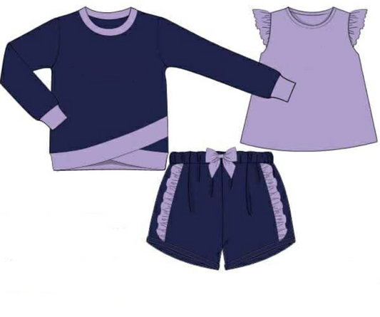 RTS: 3pc Knit Sets- Girls Navy & Lavender