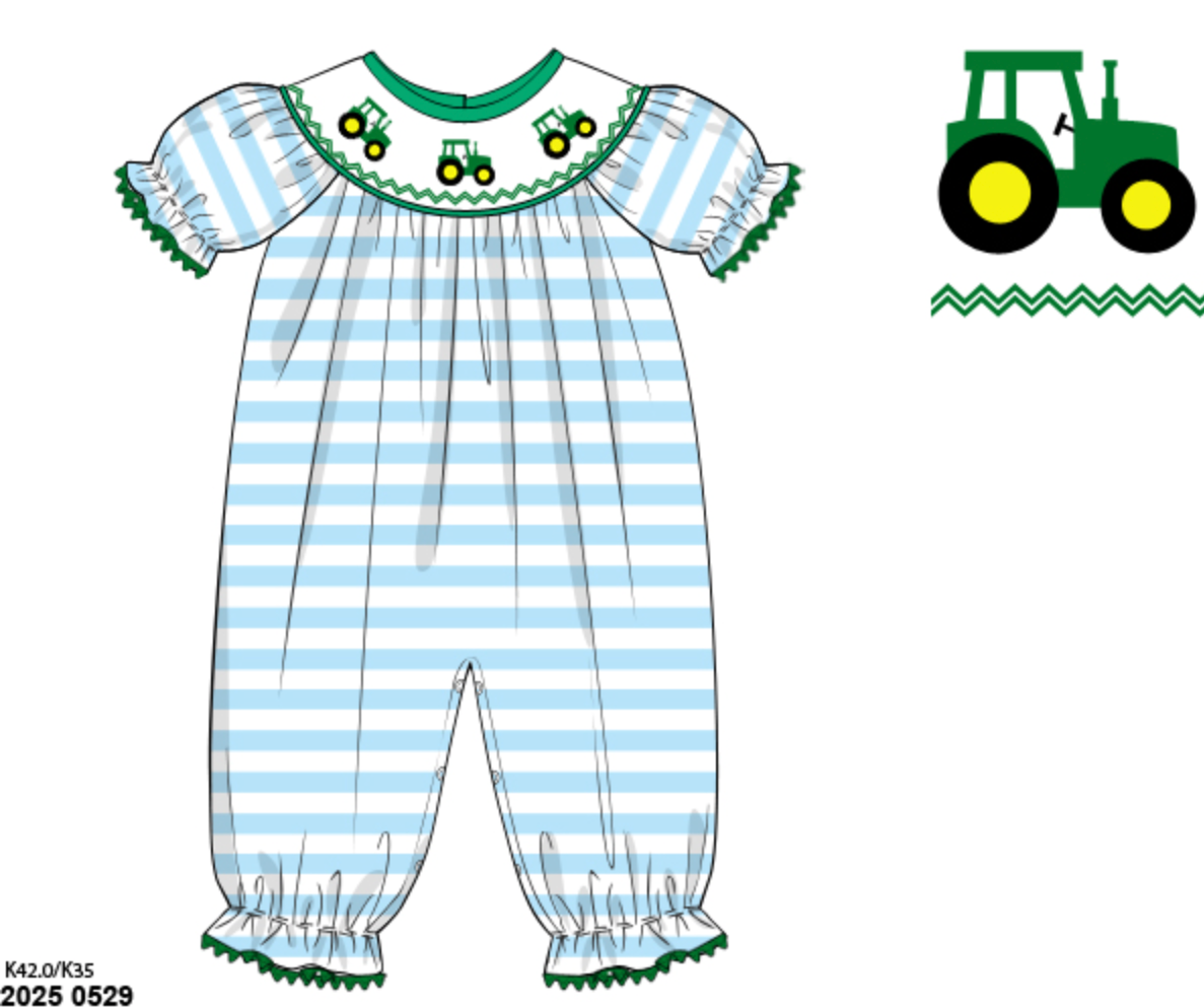 RTS: Smocked Tractors- Girls Knit Romper