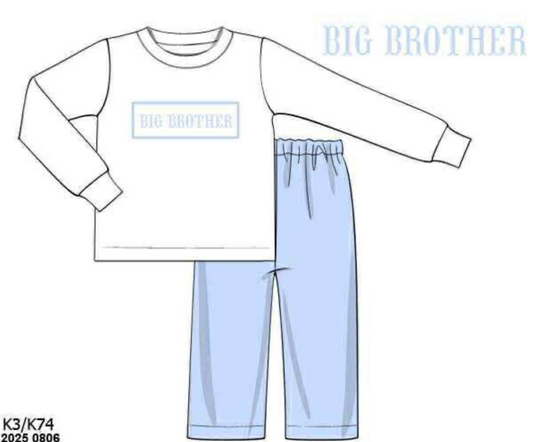 RTS: Sibling Name Smocks- Boys Solid Knit Pant Set "Big Brother"