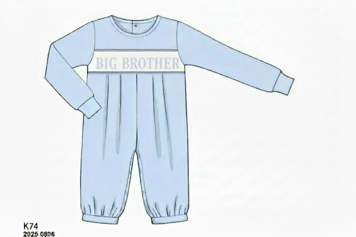 RTS: Sibling Name Smocks- Boys Blue Knit Romper "Big Brother"