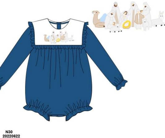 RTS: Blue Velvet Nativity- Girls Embroidered Bubble