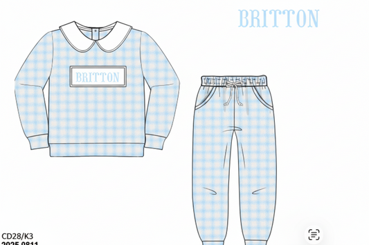 RTS: Gingham Name Smocks- Boys Jogger Set "BRITTON"