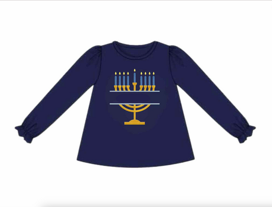 RTS: Hanukkah- Girls Menorah Appliqué Shirt