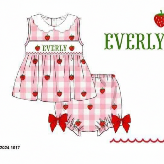 RTS: Girls Only-Berry Sweet Name Smock Woven Bloomer Set "EVERLY"