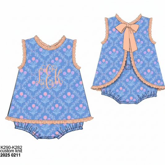 RTS: Peach Stripe & Floral- Girls Knit Bubble "LEK"