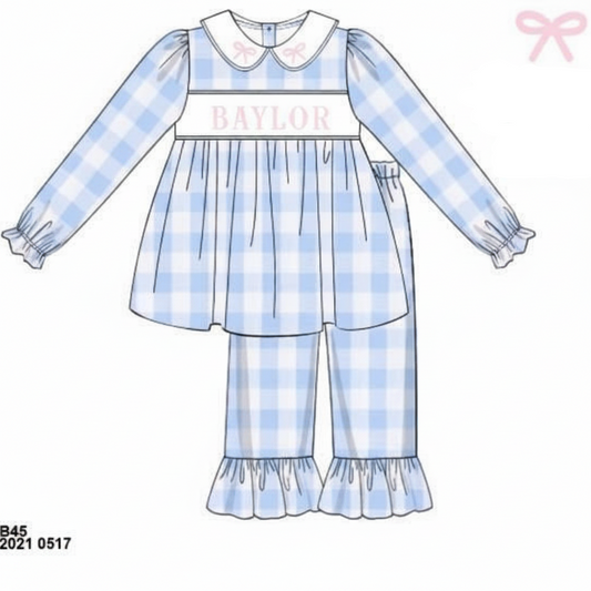 RTS: Girls Blue Check Woven Pant Set "BAYLOR"