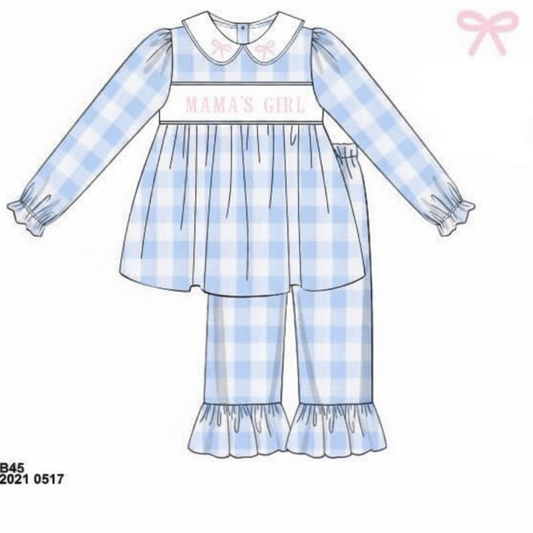 RTS: DEFECT- Girls Blue Check Woven Pant Set "MAMA'S GIRL"