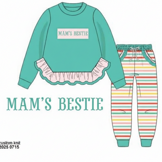 RTS: DEFECT-Knit Joggers- Girls Rainbow Stripe "MAM'S BESTIE"