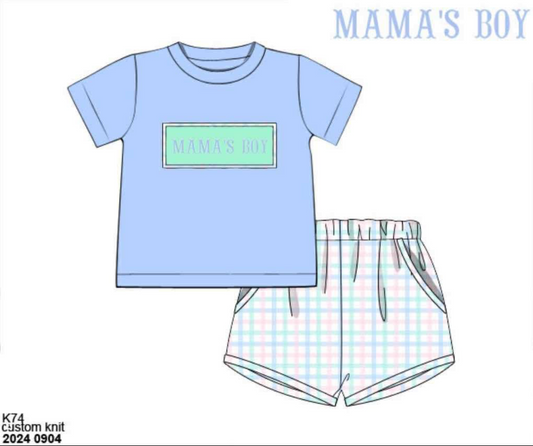 RTS: Prescott Petals & Plaid- Boys Knit Name Smock Shortie Set "MAMA'S BOY"