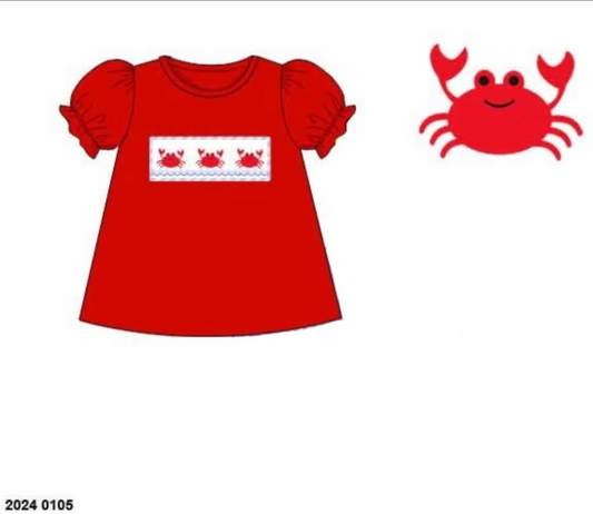 RTS: Critter Collection- Girls Red Smocked Crab Knit Shirt
