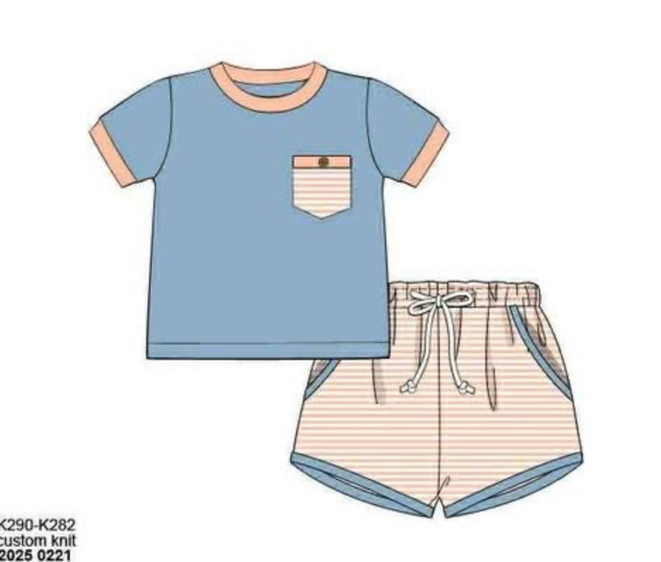 RTS: Peach Stripe & Floral- Boys Knit Shortie Set