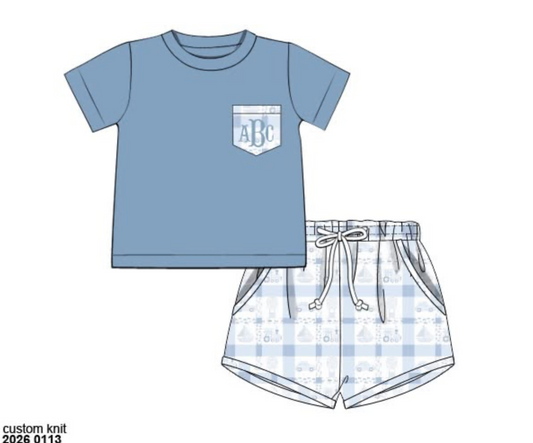RTS: DEFECT-Bows & Trains- Boys Knit Shortie Set (No Monogram)