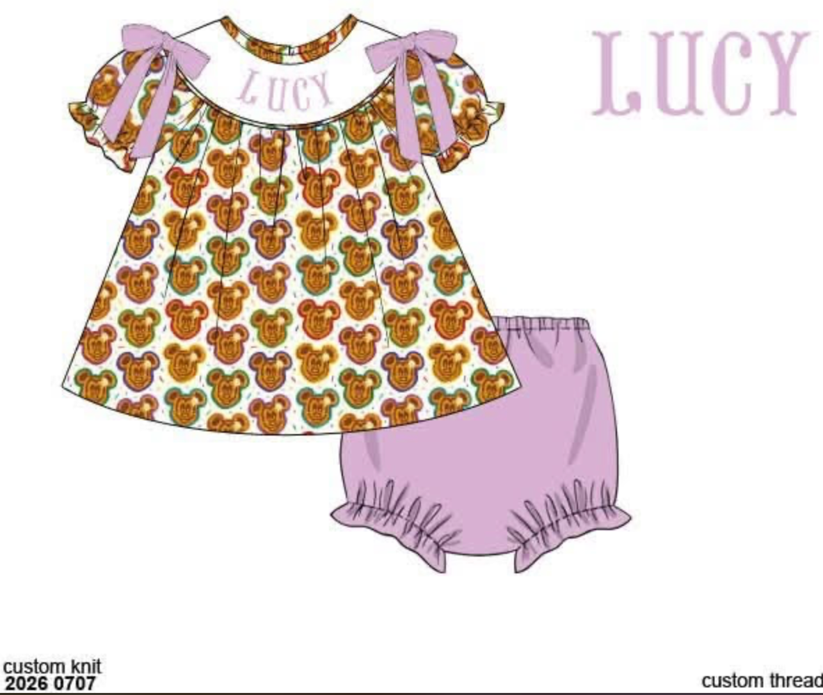 Pre Order 149: Girls Only- Waffle Mouse Name Smock Bloomer Set